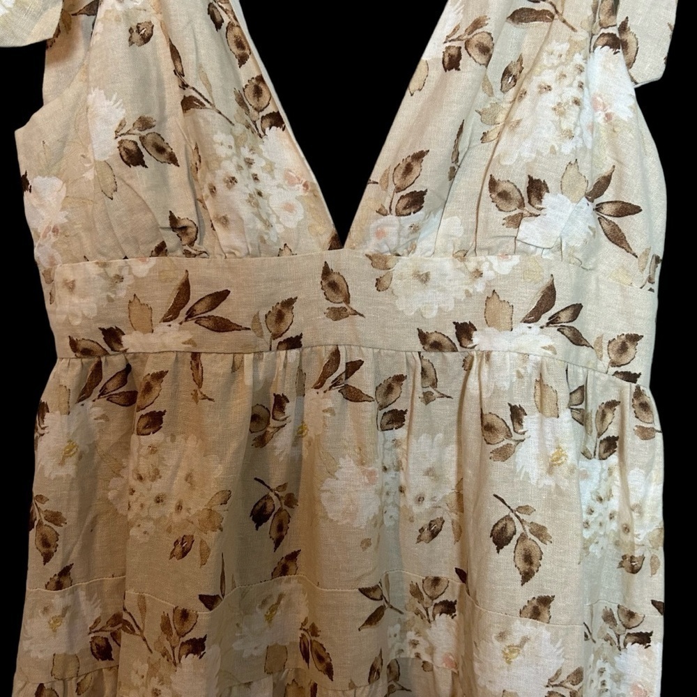 House of Harlow 1960 Cream and Brown Floral & Leaf Tiered Linen Blend Maxi Dress - Picture 6 of 16